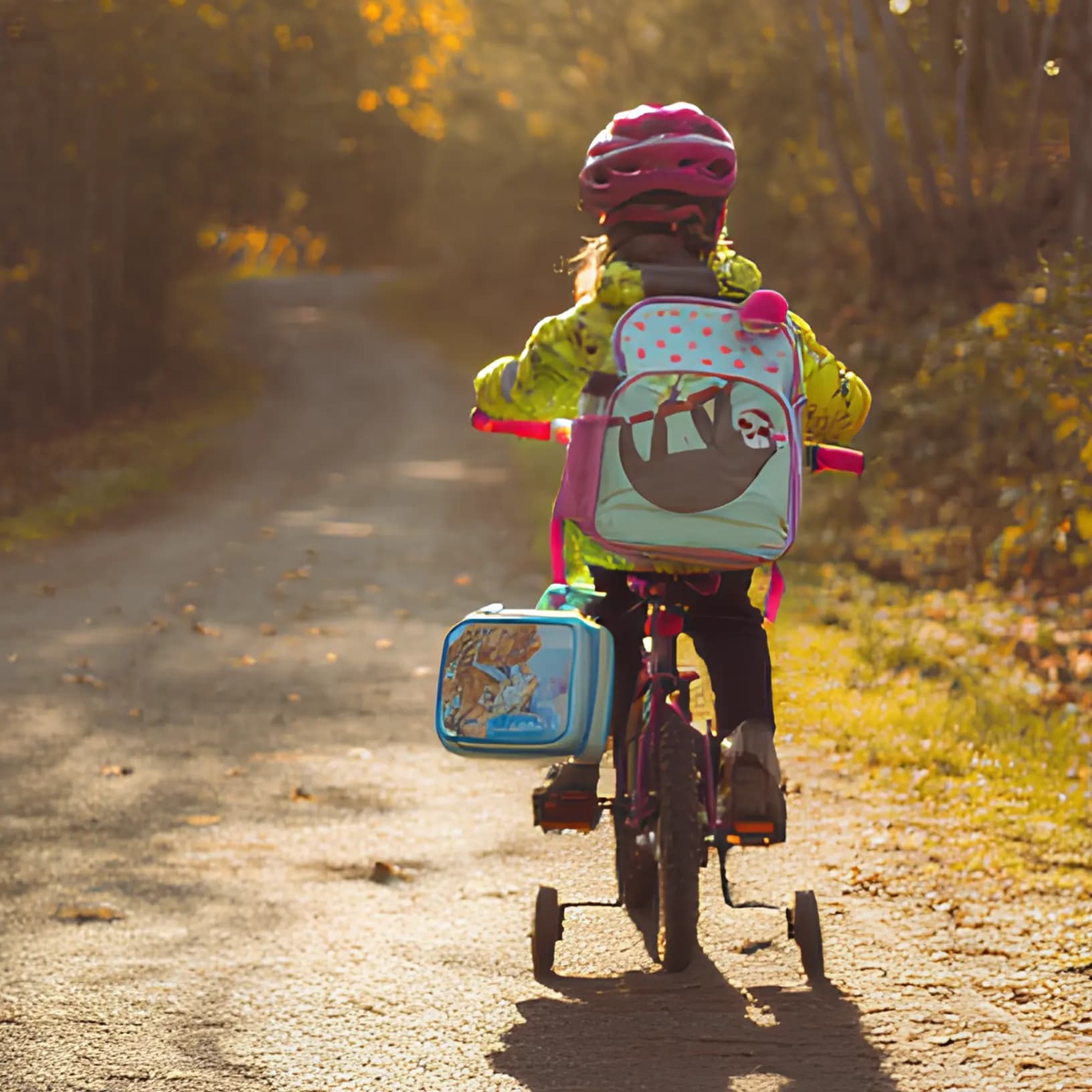 Girl cycling toward a childcare centre wearing a backpack and safety helmet.